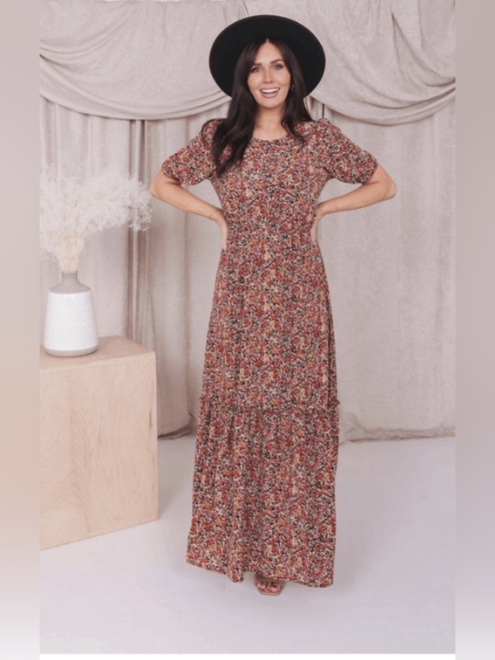 Mikarose “The Lottie” Maxi Sz L Pink Colorburst Tiered Puff sleeve Cottagecore